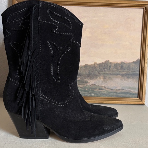 Dolce Vita Liona 6.5US Black Suede Fringe Western Ankle Boots embroidered - Picture 2 of 6